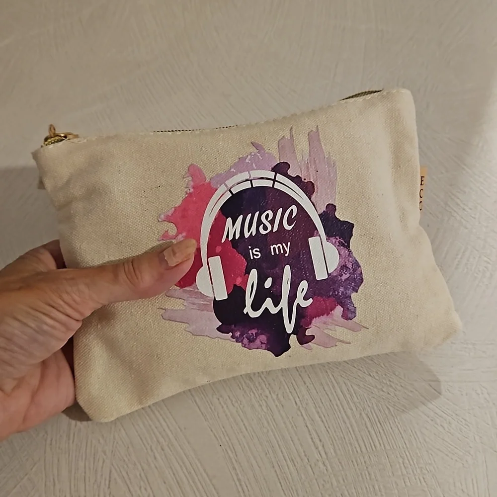 'Music is my life' make up bag purples on cream 'canvas' cotton,denim NWT